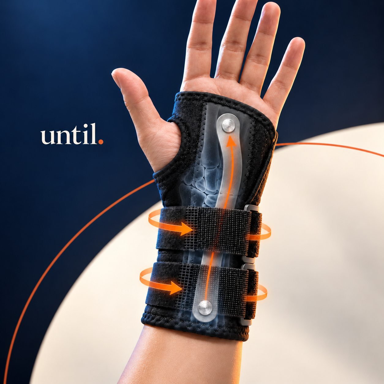 Black two-strap wrist support with a diagrammatic view of its support structure and strap adjustment