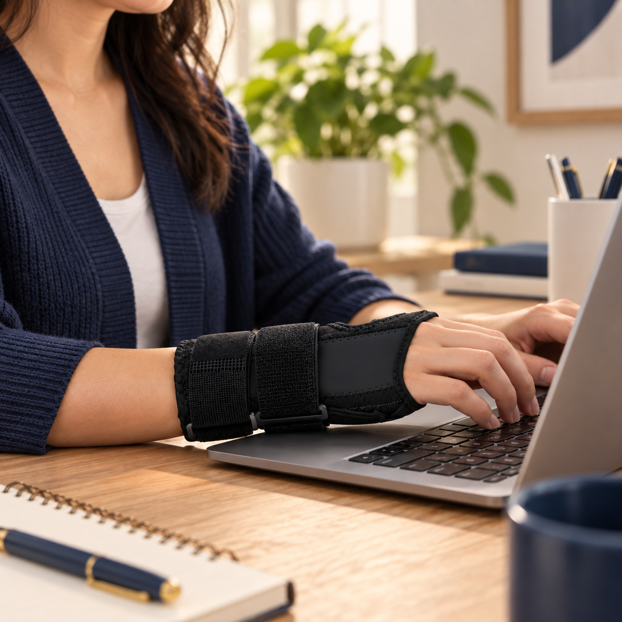Two-strap wrist support worn during light computer work