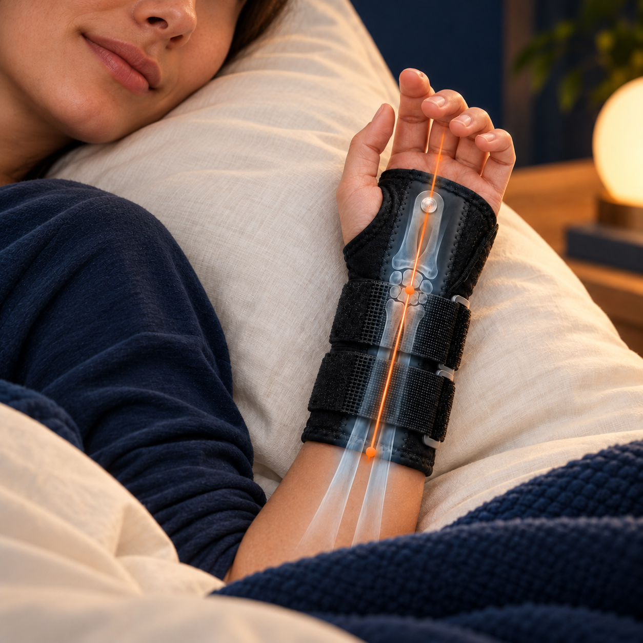 Person resting comfortably in bed while wearing the black two-strap wrist support