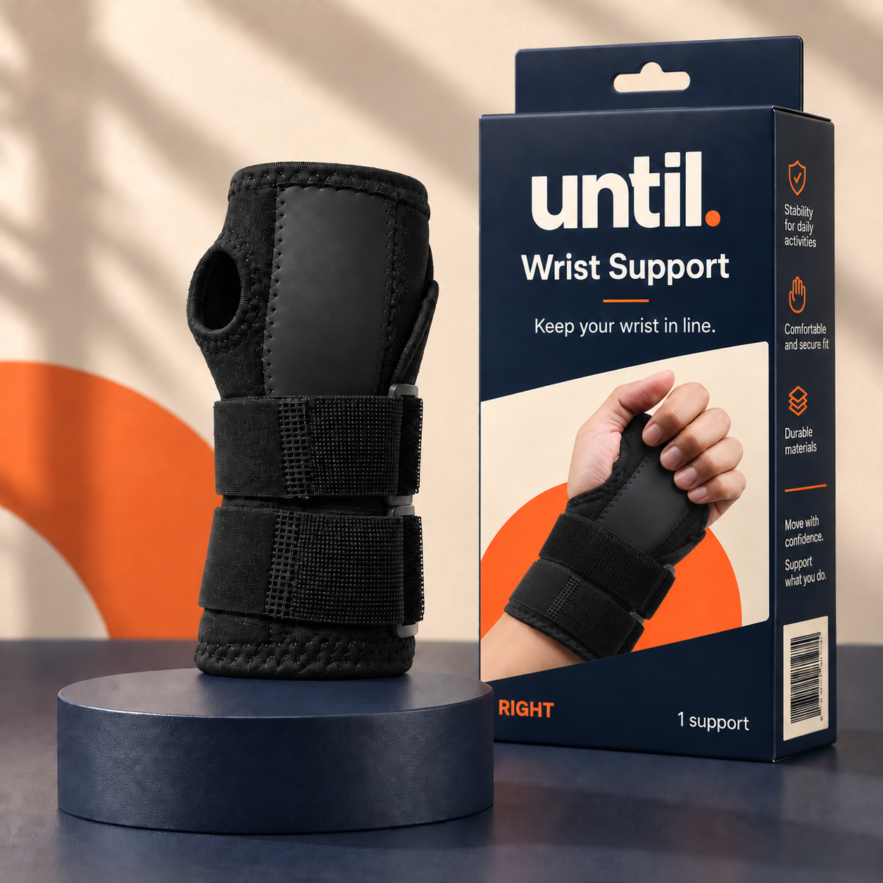 until. wrist support displayed beside its branded box